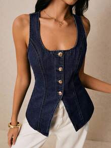 Poéselle 女士休闲前扣无袖牛仔衬衫，夏季 - 深色水洗藍 - 查看 1