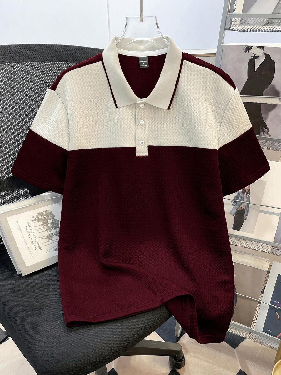 Manfinity Joysei 男士休闲通勤撞色纹理面料短袖Polo衫，夏季 - 彩色 - 查看 1