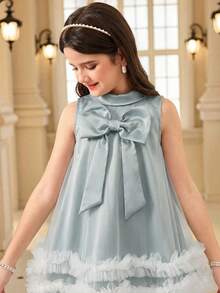 SHEIN Young Girl Woven Solid Color Contrast Mesh Ruffle Hem Sleeveless Dress, Young Girls - Cadet Blue - View 4