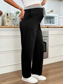 SHEIN Maternity Casual Versatile Contrast Color Waistband Pants Casual - Black - View 4