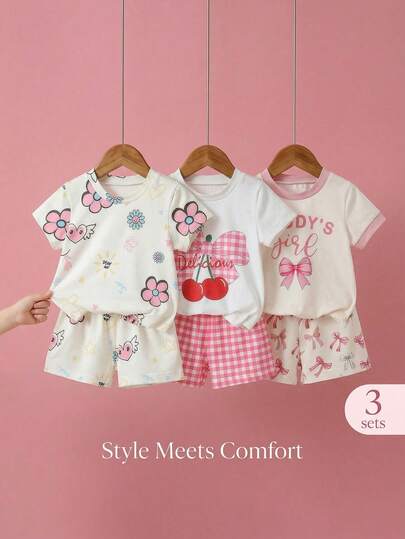 SHEIN Playful Pals 3件套女婴可爱碎花短袖上衣短裤套装，夏季