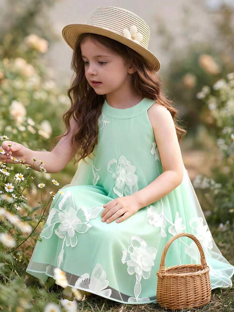 Souflis Souflis Summer Girls Sleeveless Halter 3D Floral Dress, Suitable For Party And Festivals - Green - View 1