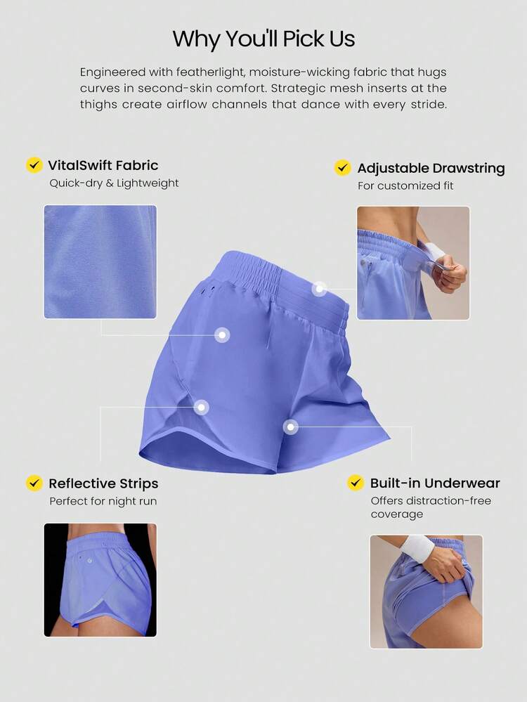 4" VitalSwift Quick-Dry Ultralight Mid-Rise Waist Drawstring Waist Reflective Running Shorts With Built-In Anti-Odor Underwear Zip Pocket High Impact Workout Running Training