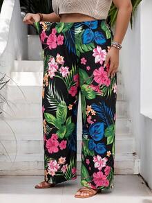 SHEIN CURVE+ Curve 尺码 US22 音乐节、海滨度假、波西米亚风女士条纹弹力腰阔腿宽松休闲裤 夏季/乡村/海滩度假装/海滩装/沙滩服饰 - 彩色 - 查看 8