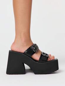 ROMWE Grunge Punk Women's Casual Square-Toe Open-Toe Wedge Platform Sandals, Gothic Punk Style Roman Gladiator Studded Double Buckle Strap Decoration, Spring/Summer Outdoor Commuting Party Festival High-Heeled Platform Slip-On Women's Shoes 2000s Style Summer Shoes - Black - View 5
