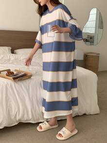 DAZY Casual Wide Striped Loose Short Sleeve Homewear Dress, Moo Moo Pajama - Blue - View 3