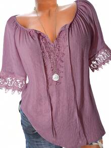Linhara Plus Size Solid Color Short Sleeve Lace Patchwork Casual Summer T-Shirt For Women - Pink - View 7