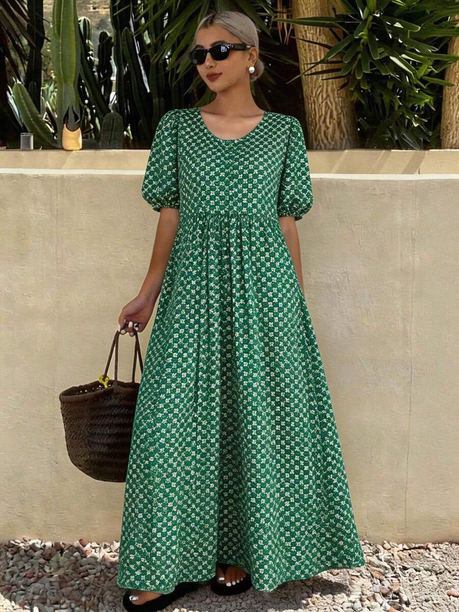 DAZY Lightweight And Breathable Allover Print Casual Short Sleeve Sleep Dress, Moo Moo Pajama - Green - View 1