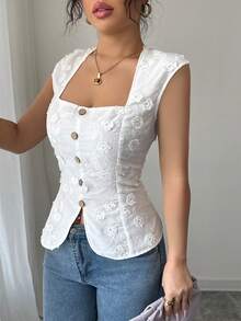 Selianne Women's White Floral Summer Elegant Blouse For Dates Brunch,Beach,Vacation,Wedding,French 3D Floral Embroidery Square Neck Button Waist Blouse,Petite - White - View 2