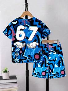 男童休闲创意蓝色涂鸦数字67手掌印花字母标语短袖T恤和短裤两件套，适合春、夏、秋季日常穿着，舒适百搭。 - 彩色 - 查看 2