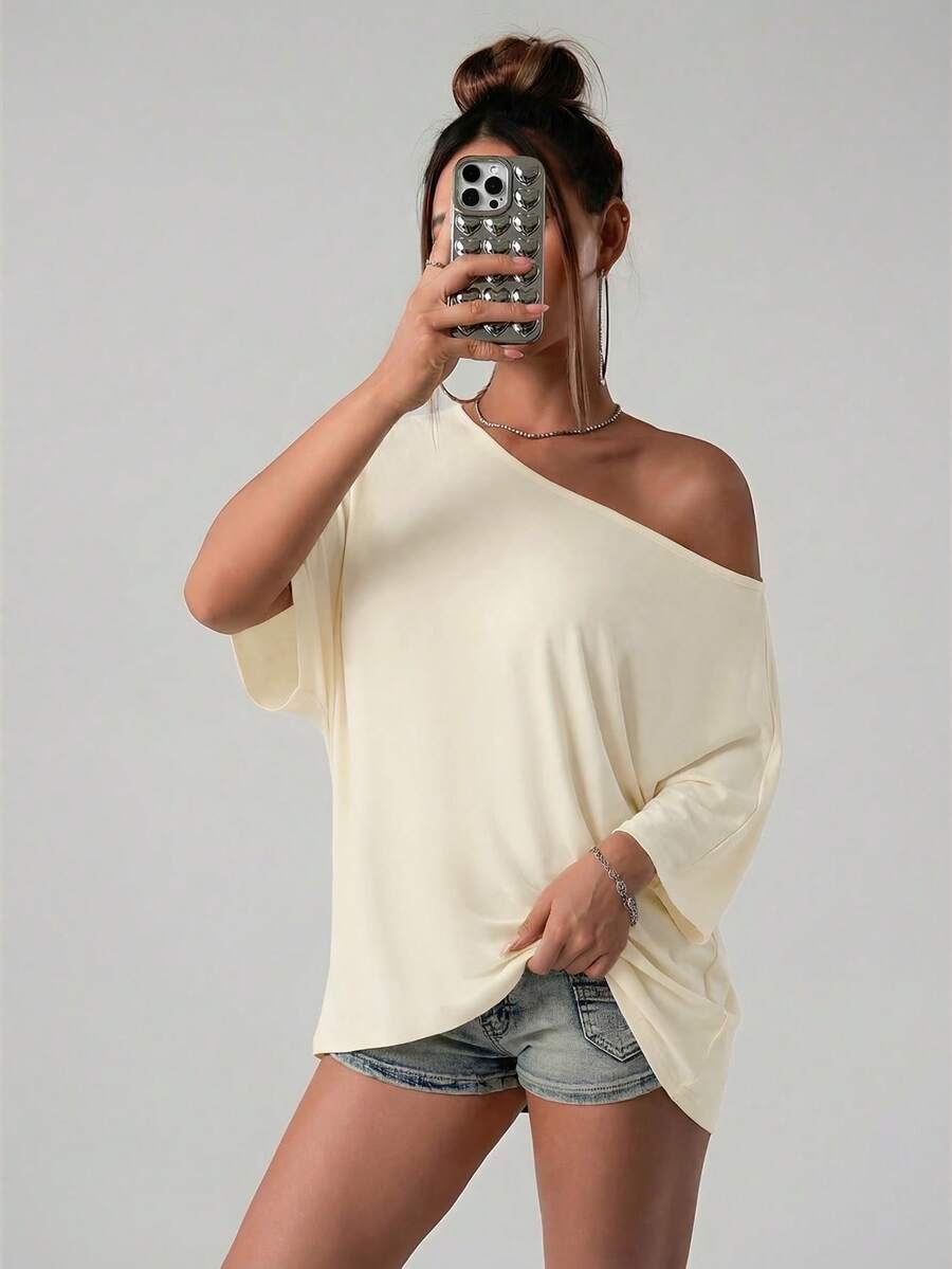 SHEIN ICON Áo thun dáng rộng phong cách đường phố Mỹ, vai lệch, màu đen trơn. - Vàng nhạt - Xem 1