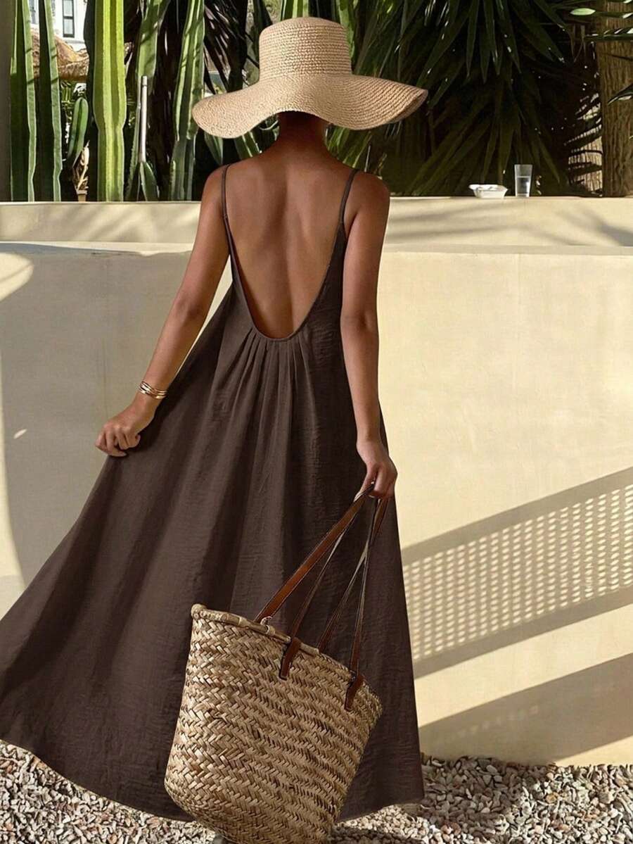 DAZY New Summer Beach Holiday Loose Backless Spaghetti Strap Dress - Brown - View 1