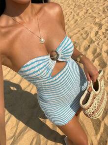 Sunnyshic 女士休闲度假时尚日常百搭沙滩连衣裙，蓝白条纹面料，银色金属海星装饰镂空抹胸修身迷你连衣裙 - 彩色 - 查看 1