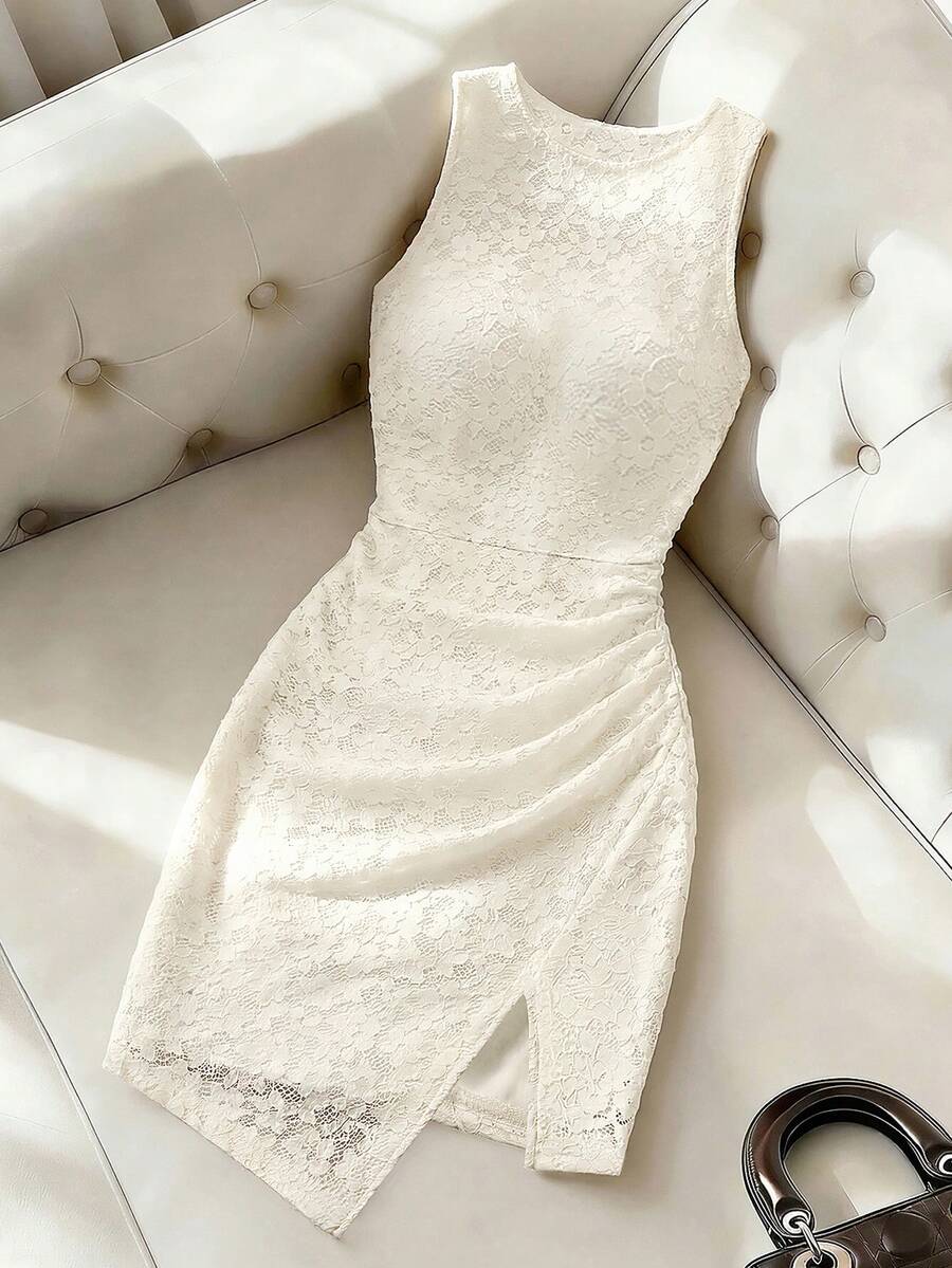 Elenzga Sleeveless Lace Bodycon Elegant Romantic Dress For Women - Apricot - View 1