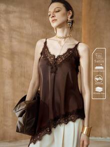 Arave 女士V领无袖蕾丝边拼接梭织面料休闲吊带衫 - 巧克力棕 - 查看 5