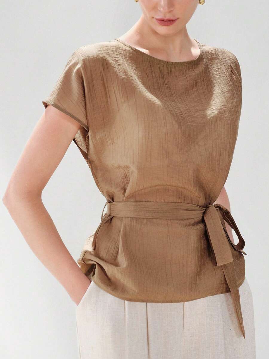 Aveloria Modichic European And American Style Spring/Summer New Fashionable Versatile Pleated Special Fabric Asymmetrical Design Women Top - Coffee Brown - View 1