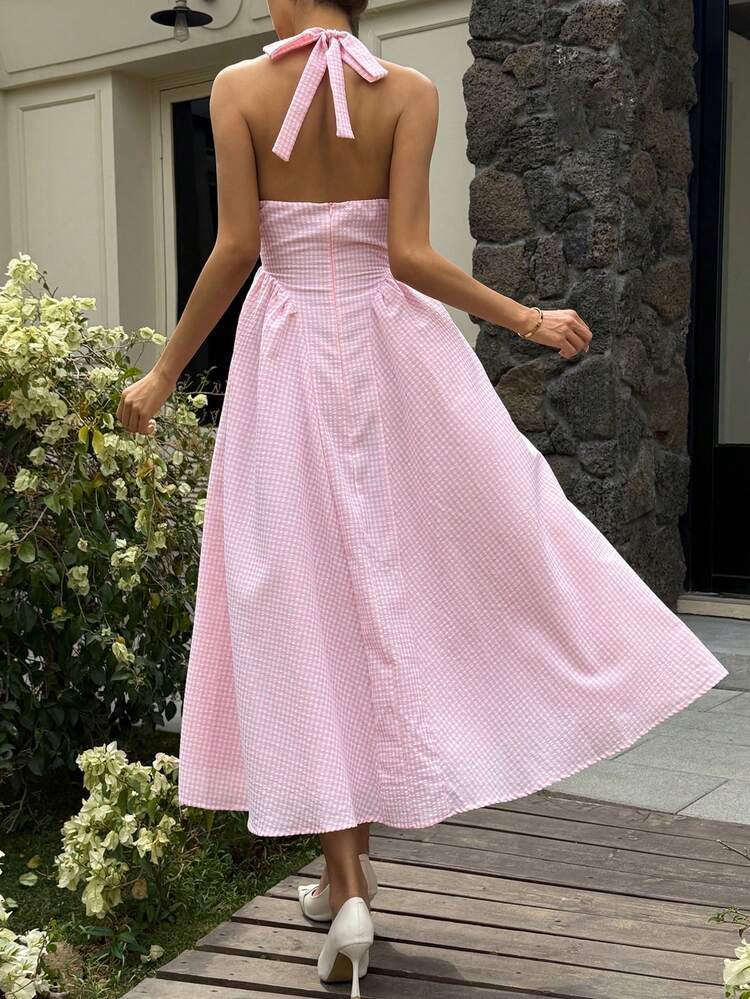 Beach Party Holiday Outfit Summer Cotton Pink V-Neck Plaid Waist Cinched Long Dress For Women Sundress