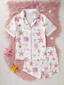 SHEIN Bộ đồ mặc nhà 2 món màu hồng cổ điển dành cho nữ tuổi teen, gồm áo khoác cardigan dài tay in họa tiết vỏ sò và quần dài. - Nhiều màu - Xem 1