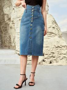 PREMIUM CHÂN VÁY NGẮN BẰNG VẢI DENIM MÀU XANH ĐẬM, CẠP CAO, XUÂN/HÈ - Rửa nhẹ - Xem 4