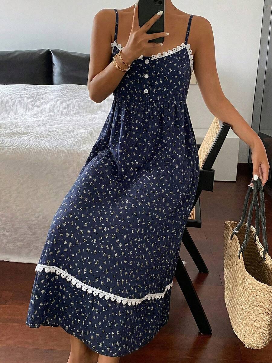 DAZY Floral Lace Patchwork Sleeveless Camisole Waist Nightgown For Women - Navy Blue - View 1
