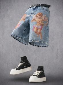 Manfinity Denimwave Pantalones cortos de mezclilla casuales de moda con bolsillo sesgado y estampado de ángel para hombres - Azul - Ver 3