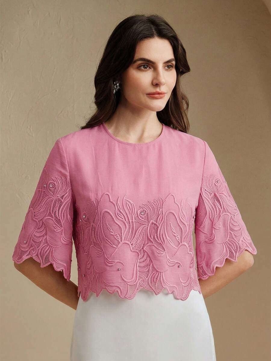 Anewsta New Arrival Spring/Summer Elegant Solid Color Embroidered Sheer Rhinestone Decor Round Neck Sleeveless Top For Women - Pink - View 1