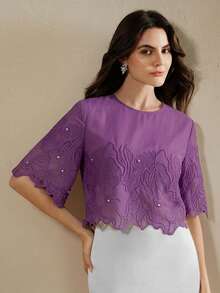Anewsta New Vintage Sexy Embroidered Sheer Round Neck Short Sleeve Crop Top, Summer Golf White - Mauve Purple - View 4