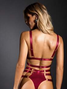 EmpressEnvy 3packs O-Ring Cut Out Choker & Bra & Panty Lingerie Set - Burgundy - View 3