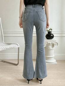 DAZY Women's Casual Flared Washed Denim Jeans With Bow Design - Blue - View 5