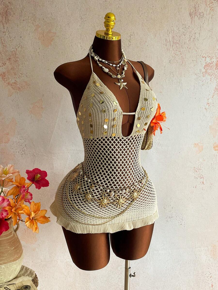 Roelina Đầm dệt kim hở lưng, gợi cảm, đính sequin, kiểu dáng khoét lỗ, buộc dây, thích hợp đi biển. - Màu be - Xem 1