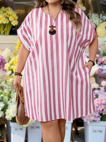 SHEIN CURVE+ 大码女式早春短袖条纹休闲连衣裙 - 淺粉色 - 查看 6