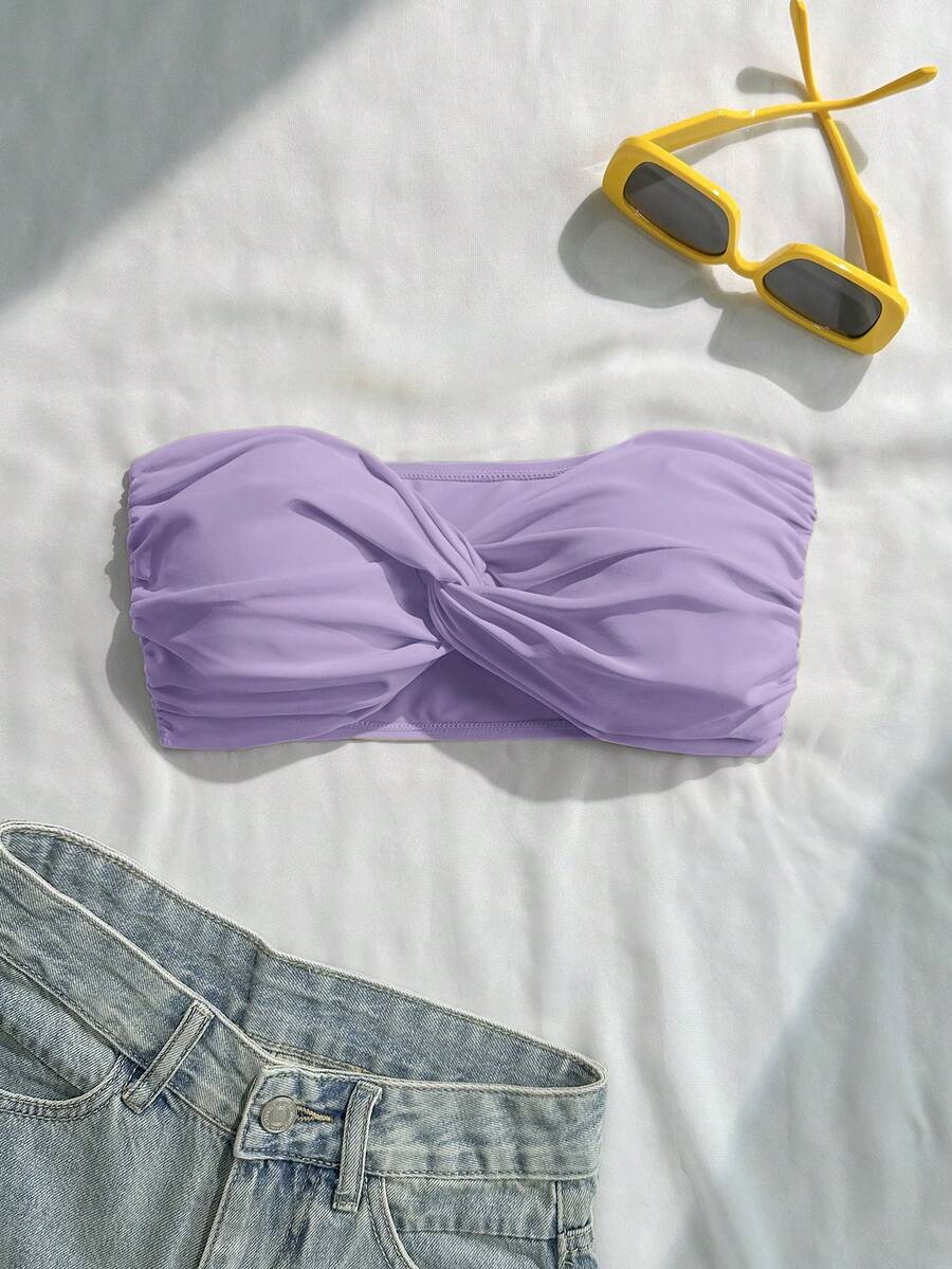 Swim Basics 女士夏季度假沙滩纯色前扭结抹胸比基尼上衣