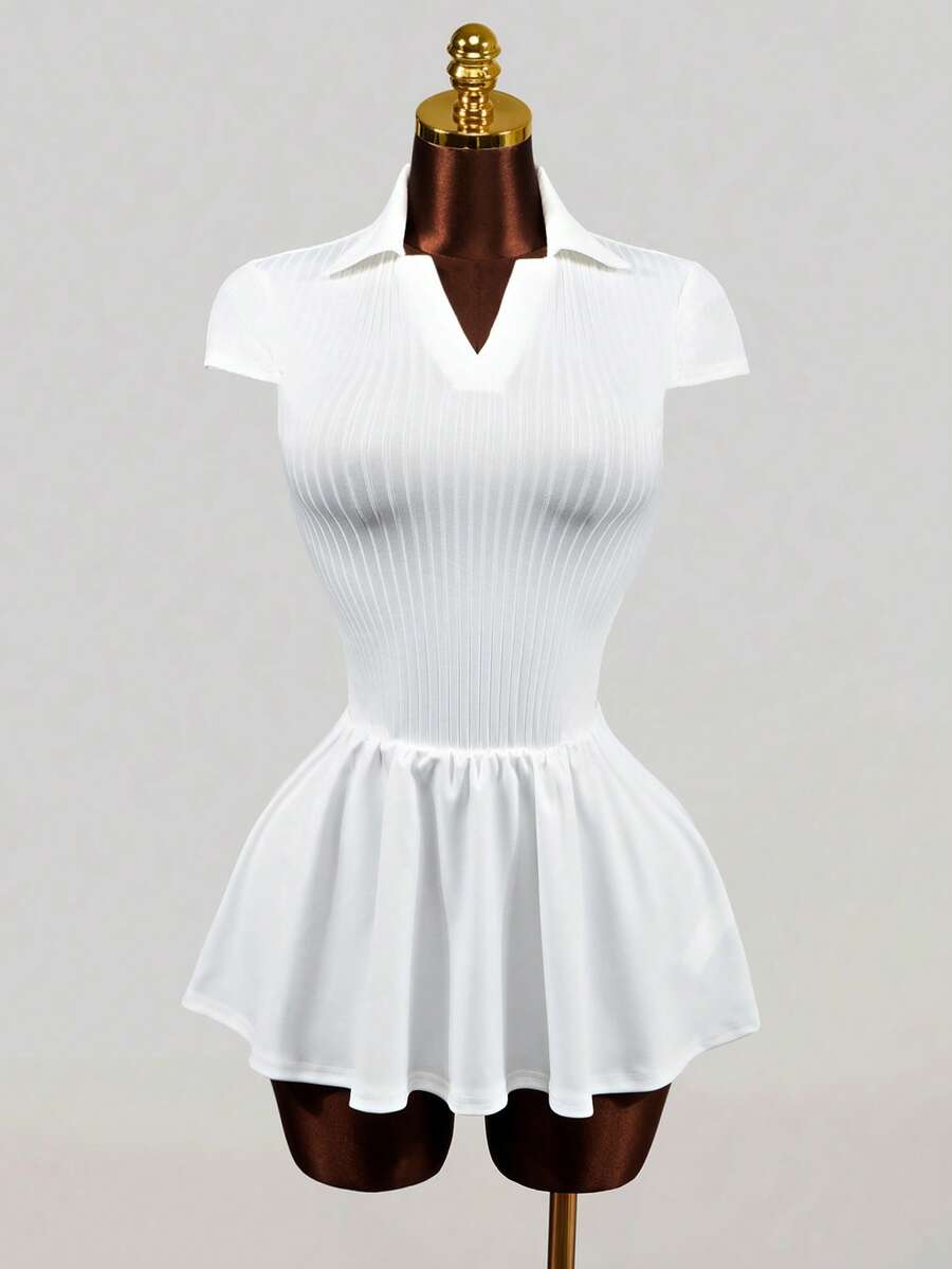Mistrie White,Summer,Casual,School,Back-To-School Sheer Textured Rib Knit Patchwork Collared V-Neck Ruffle Hem Sporty Chic Dress For Women Ladies Clothes - White - View 1