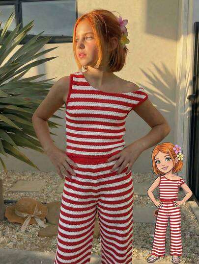 Emery Rose Kids 2pcs/Set Young Girl Striped Short Sleeve T-Shirt And Wide Leg Pants Set Young Girl Casual Vacation Elegant Striped Jacquard Knit Form-Fitting Shirred Short Sleeve Top And Matching Pants Set Striped Outfit Set Outfits Sets Black And White Outfit Set Striped Two Pieces Set Striped Pants Striped Top Young Girl Sets Young Girl Summer Outfits Young Pant Set Spring And Summer Striped Short Sleeve Suit Striped Set Girls Casual Two Piece Set Two Piece Set Striped Two Piece Set