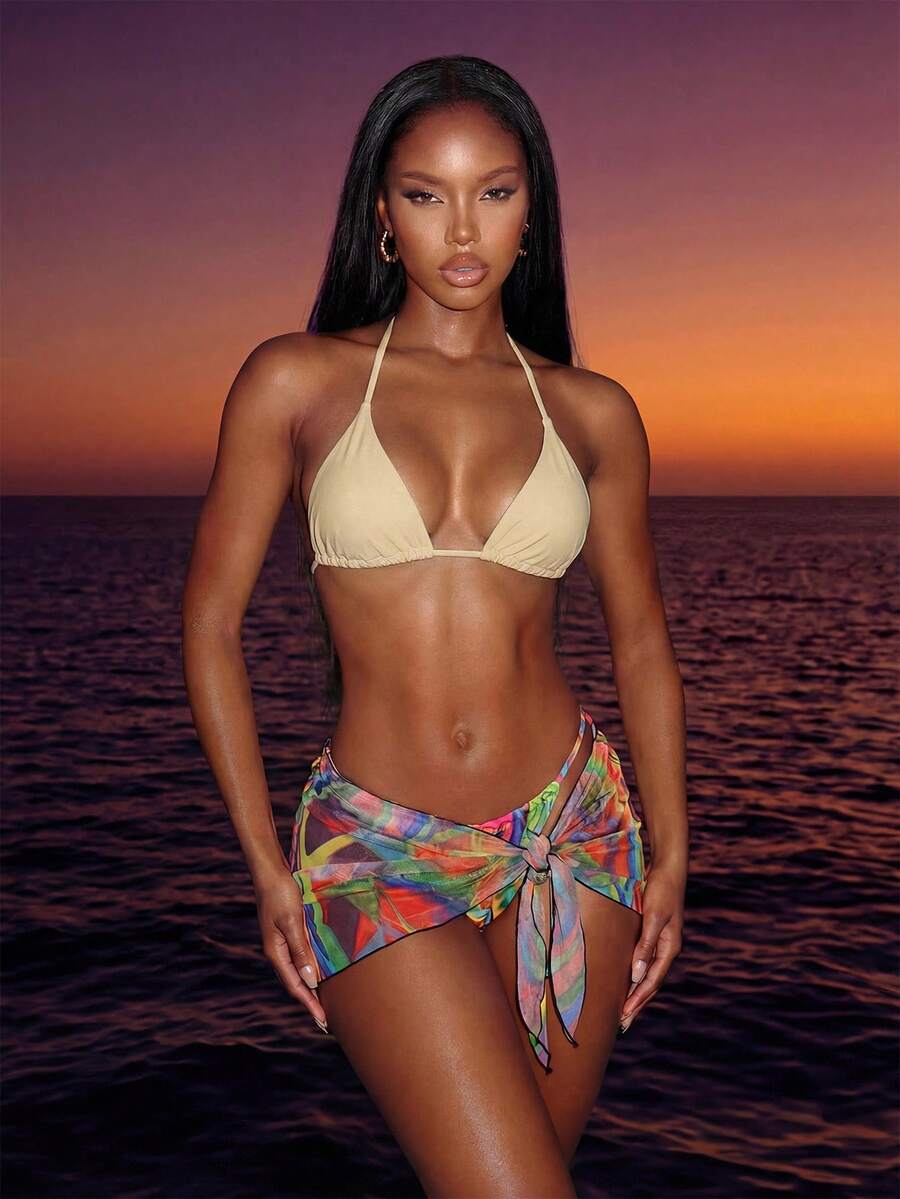 Vaytide 女士纯色露背系带性感三角杯比基尼上衣（可拆卸蝴蝶结肩带） - 駝色 - 查看 1