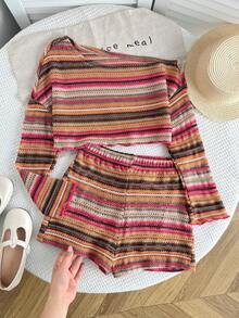 SHEIN 2pcs Tween Girl Colorful Striped Asymmetric Shoulder Long Sleeve Top And Shorts Set, Suitable For Beach & Vacation - Multicolor - View 4
