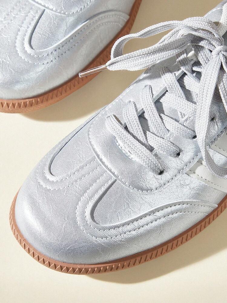 CUCCOO EASI Breathable Retro Moral Training Shoes For Women, Silver And White Stripes, Non-Slip Raw Rubber Outsole, Light Soft Sole, Daily Shopping Commuter Shoes