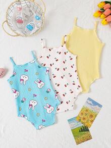 SHEIN Playful Pals 3pcs Baby Girls' Comfortable Versatile Minimalist Solid Color Knit Camisole Romper Set, Spring/Summer - Multicolor - View 2
