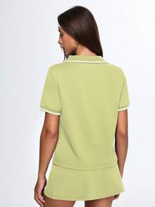 SHEIN Sports 女士休闲拼接撞色百搭日常运动短袖Polo衫 - 青碧色 - 查看 2