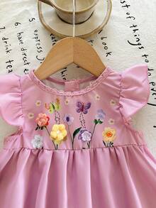 SHEIN LMoss Kids Buy One Get One Free 2-Piece Set Including A Free Crossbody Bag. Cute Baby Girl Woven Embroidered Round Neck Ruffle Hem Dress With Diagonal Shoulder Bag, Sisters Outfit, Suitable For Spring And Summer. - Pink - View 5