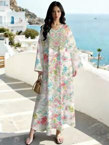 SHEIN Najma Vestido Longo Decote em V de Manga Longa com Estampa Floral e Botânica, Vestido com Padrão Floral Elegante Adequado para Praia, Férias e Uso Diário, Primavera/Verão - Multicolorido - Visão 3