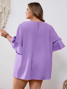 SHEIN CURVE+ Curve 尺码 US22 音乐节、海滨度假、波西米亚风女士蝴蝶结装饰圆领紫红色衬衫，夏季 - 紫色 - 查看 2