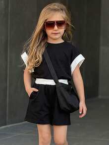 Dazy Kids 2pcs Tween Girl Colorblock Batwing Sleeve Top And Shorts Set,Girls Summer Outfits,Back To School Clothes - Black - View 4