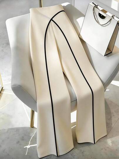 Elenzga 女士优雅通勤休闲欧美风拼接二合一长裤，侧拉链方便穿脱，撞色设计，春夏百搭