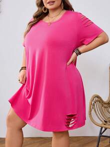 SHEIN CURVE+ Curve Size US22Music Festival, Seaside Vacation, Bohemia Round Neck Short Sleeve A-Line Distressed Basic Loose Knit T-Shirt Dress T Shirt Dress Women Dress Pink Dress - Hot Pink - View 5