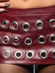 ROMWE Avant Holiday Party Sexy Metallic Studded Super Low-Rise Mini Shorts - Burgundy - View 4