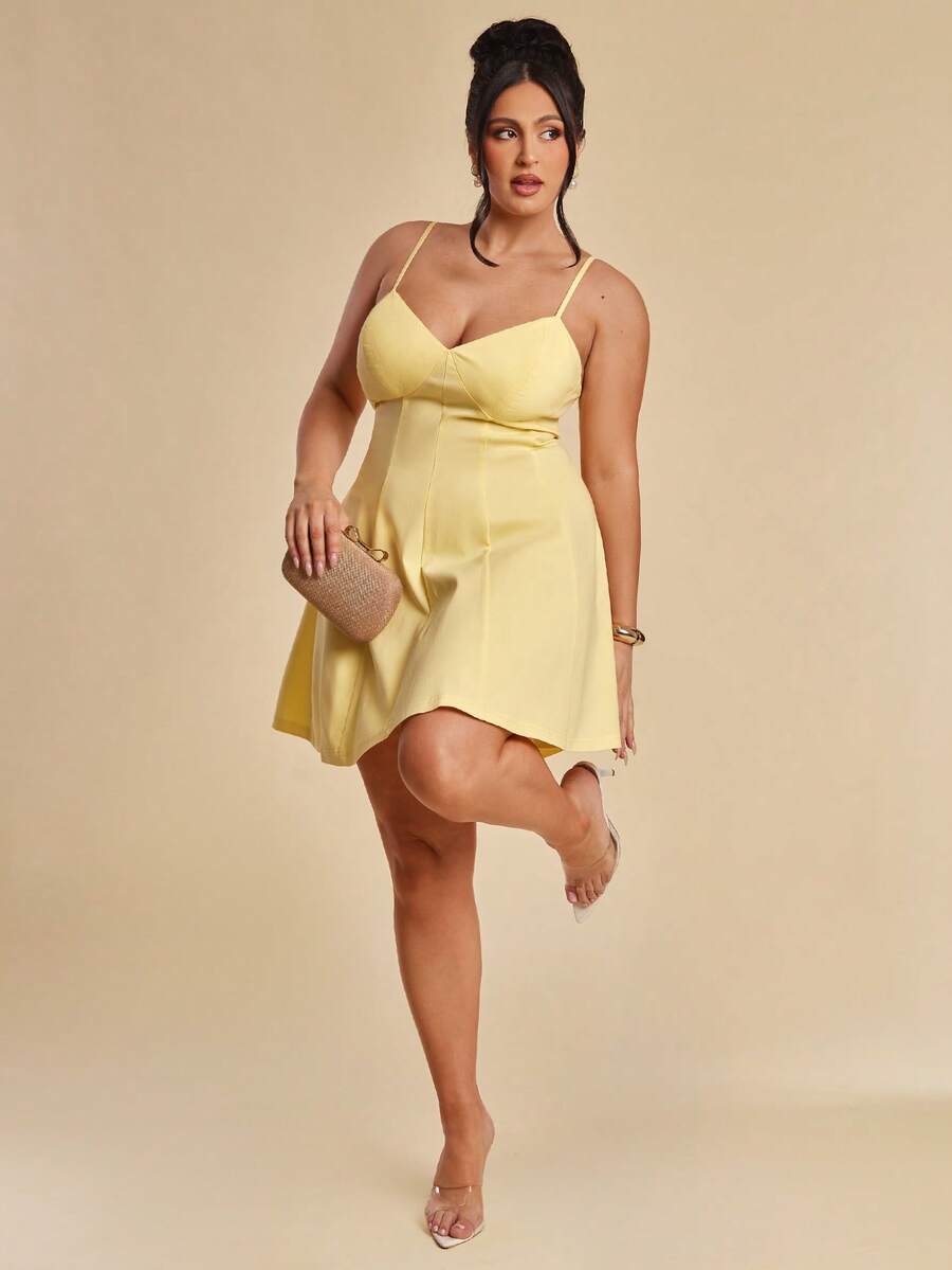 SHEIN BAE 大码女式纯色休闲时尚吊带连衣裙 - 黃色 - 查看 1