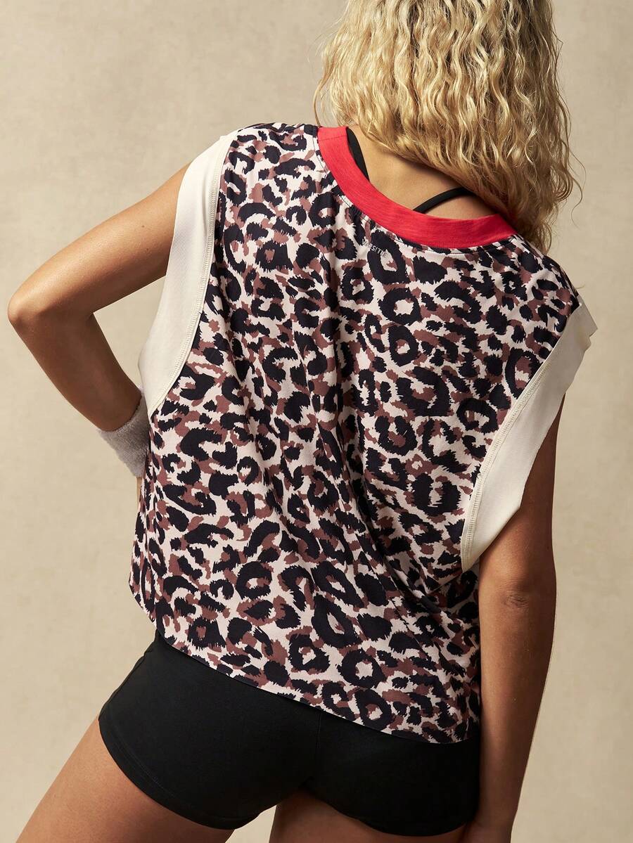 VARSITIE Leopard Print Patchwork Wide Shoulder Sports Tank Top - Multicolor - View 1