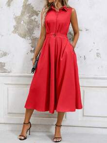 EMERY ROSE 女士纯色简约日常 A 字形无袖连衣裙新年衣服长款女装 - 紅色 - 查看 6