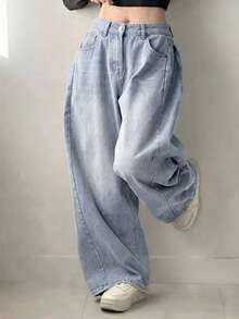 DAZY Quần jeans nữ ống loe dáng suông, chất liệu denim mài, thích hợp cho mùa hè. - Rửa nhẹ - Xem 2